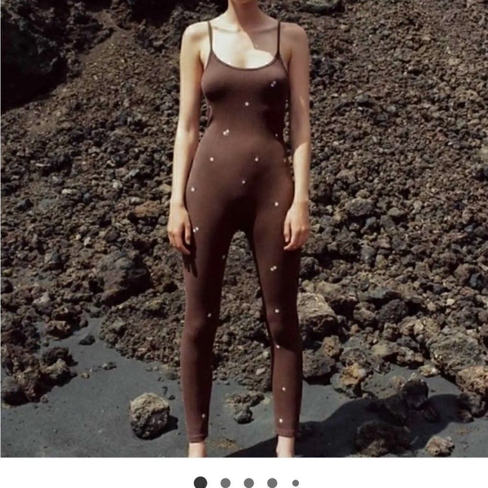 Zara brown floral ribbed jumpsuit#1